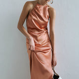 Luce - Backless Satin Dress with Front Slit in Copper