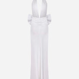 Danielle-V-Neck Satin Maxi Dress With Bow Belt Detail