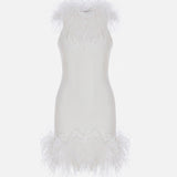 Camia - Feather Trimmed Halter Neck Mini Dress