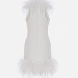 Camia - Feather Trimmed Halter Neck Mini Dress