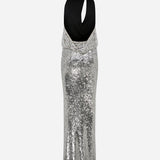 Lone-Cowl Neck Cut Out Detailed Silver Sequin Maxi Dress in Silver Sequin