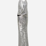 Lone-Cowl Neck Cut Out Detailed Silver Sequin Maxi Dress in Silver Sequin