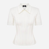 Kate - Polo Neck Corset Detailed T-Shirt in White