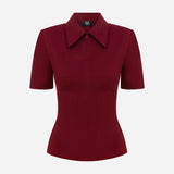 Kate - Polo Neck Corset Detailed T-Shirt in Burgundy