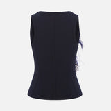 Ilina Feather-Trim Structured Tank Top in Navy Blue