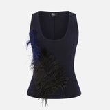 Ilina Feather-Trim Structured Tank Top in Navy Blue