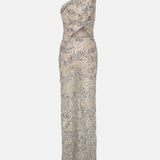 Elin One-Shoulder Draped Sequin Maxi Dress with Front Slit in Silver Sequin
