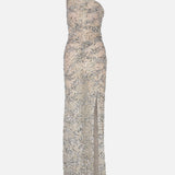 Elin One-Shoulder Draped Sequin Maxi Dress with Front Slit in Silver Sequin