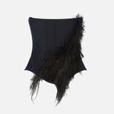 Cora Strapless Denim Corset with Hand-Crafted Leaf Feather Detail in Indigo