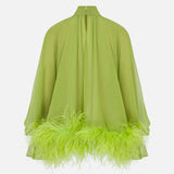 Lilia Ruched Chiffon Blouse with Feather Trim in Pistachio Green
