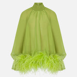 Lilia Ruched Chiffon Blouse with Feather Trim in Pistachio Green