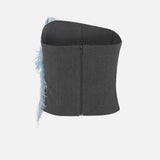 Juliet Asymmetric Strapless Feather-Trim Corset in Grey