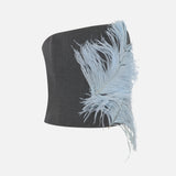 Juliet Asymmetric Strapless Feather-Trim Corset in Grey
