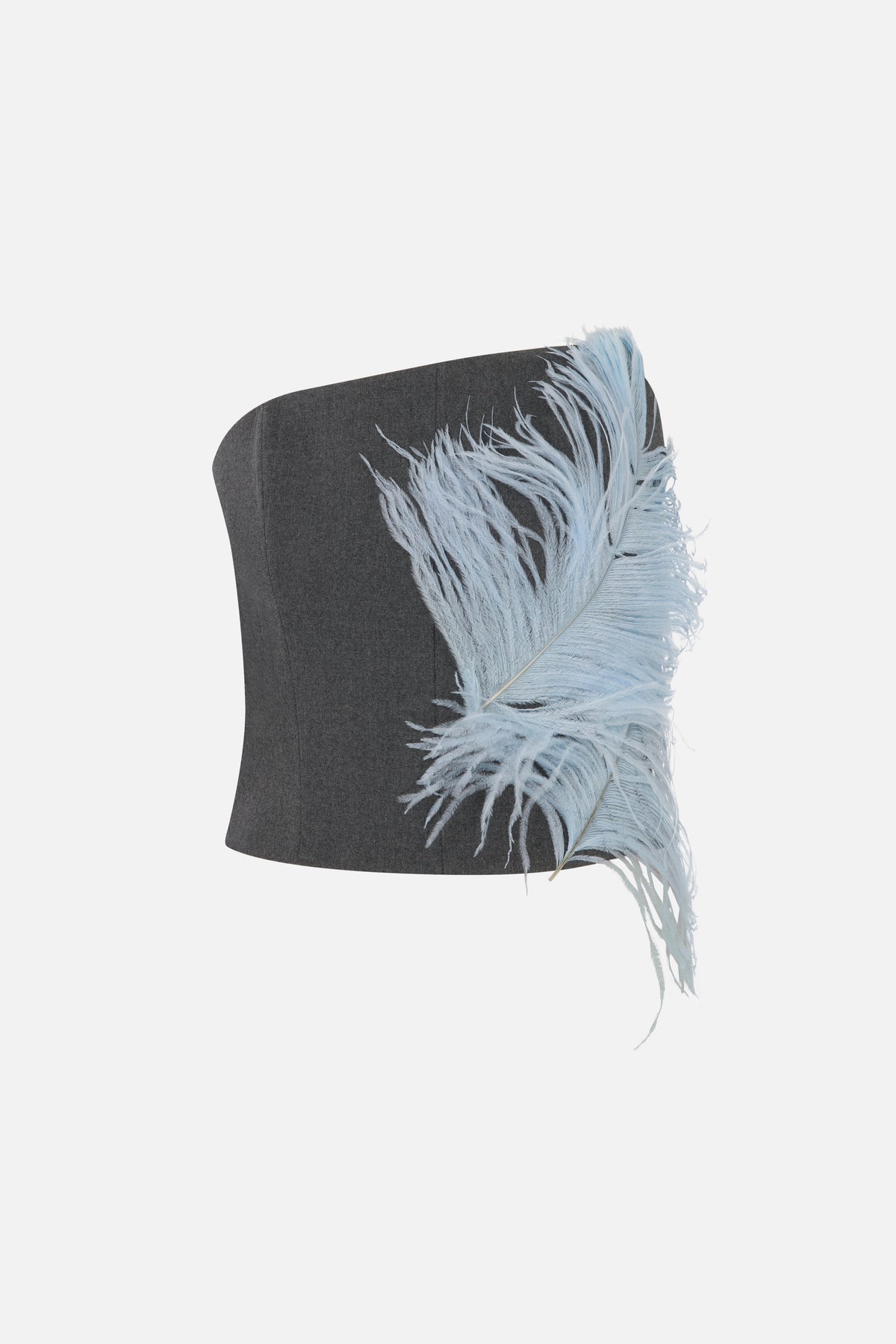 Juliet Asymmetric Strapless Feather-Trim Corset in Grey