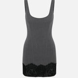 Luna U-Neck Lace-Trim Mini Dress in Grey