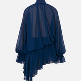 Brigitte High-Neck Draped Chiffon Mini Dress in Navy Blue