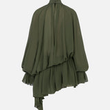Brigitte High-Neck Draped Chiffon Mini Dress in Khaki
