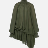 Brigitte High-Neck Draped Chiffon Mini Dress in Khaki