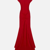 Anita Short-Sleeve Maxi Dress with Train in Red