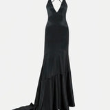Sloane V-Neck Satin Maxi Dress in Black