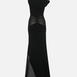 Carmen Boat-Neck Maxi Dress with Chiffon Detail in Black