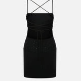 Gaia Square Neckline Beaded Lace Mini Dress in Black