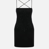 Gaia Square Neckline Beaded Lace Mini Dress in Black