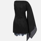 Noa Silk Organza Boat-Neck Mini Dress with Lace Underlay in Black