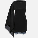 Noa Silk Organza Boat-Neck Mini Dress with Lace Underlay in Black