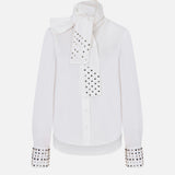 Sia Scarf-Detail Cotton Shirt with Embellished Detail in White