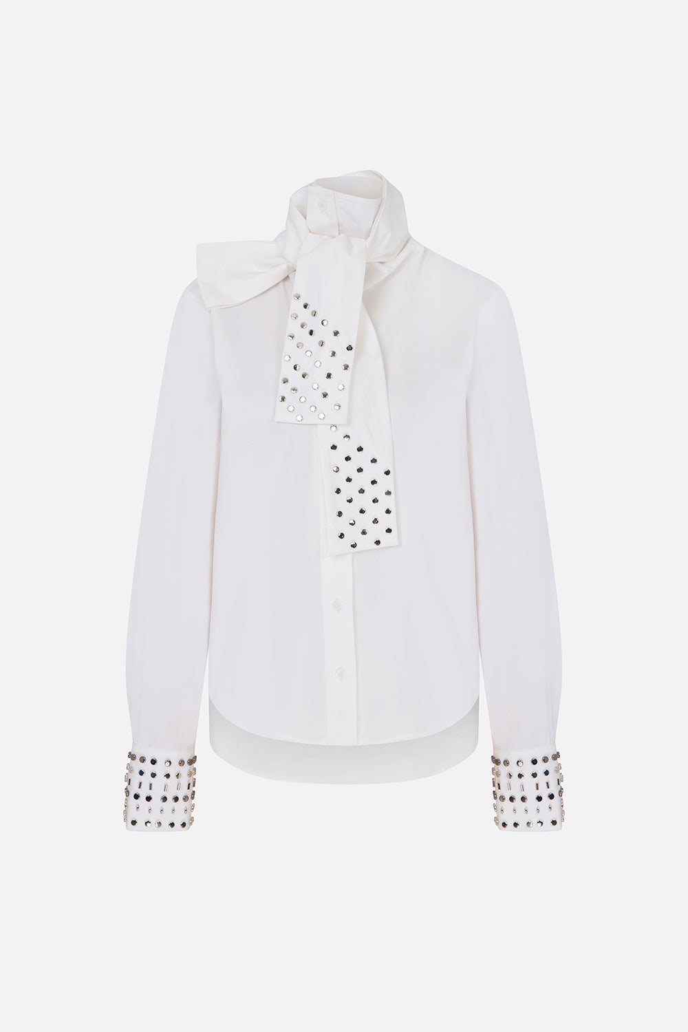Sia Scarf-Detail Cotton Shirt with Embellished Detail in White