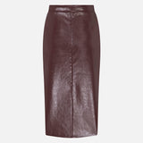 Charlotte Front-Slit Vegan Leather Midi Skirt in Burgundy