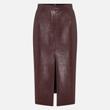 Charlotte Front-Slit Vegan Leather Midi Skirt in Burgundy