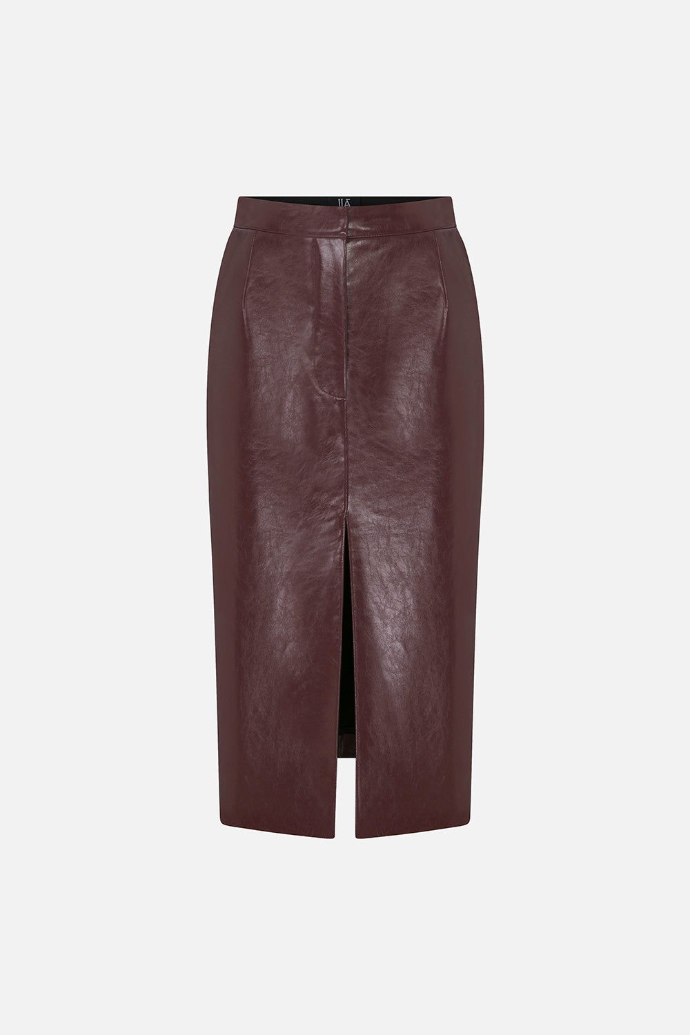 Charlotte Front-Slit Vegan Leather Midi Skirt in Burgundy