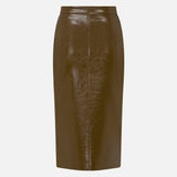 Charlotte Front-Slit Vegan Leather Midi Skirt in Khaki