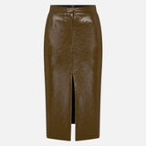 Charlotte Front-Slit Vegan Leather Midi Skirt in Khaki