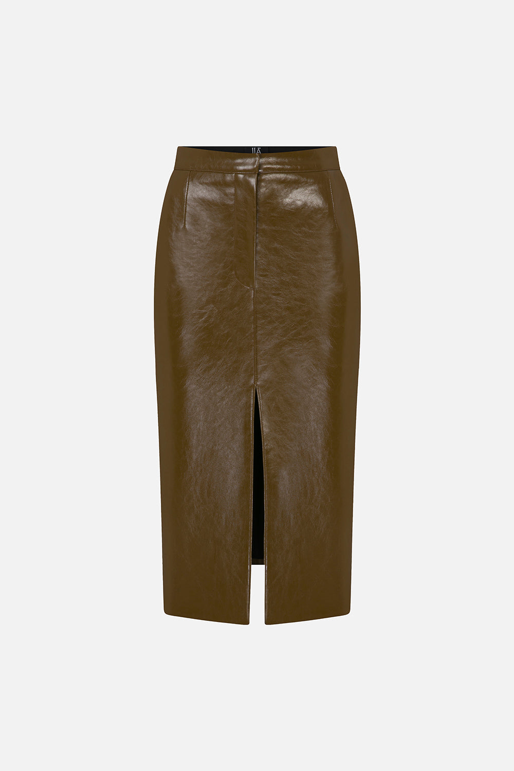 Charlotte Front-Slit Vegan Leather Midi Skirt in Khaki