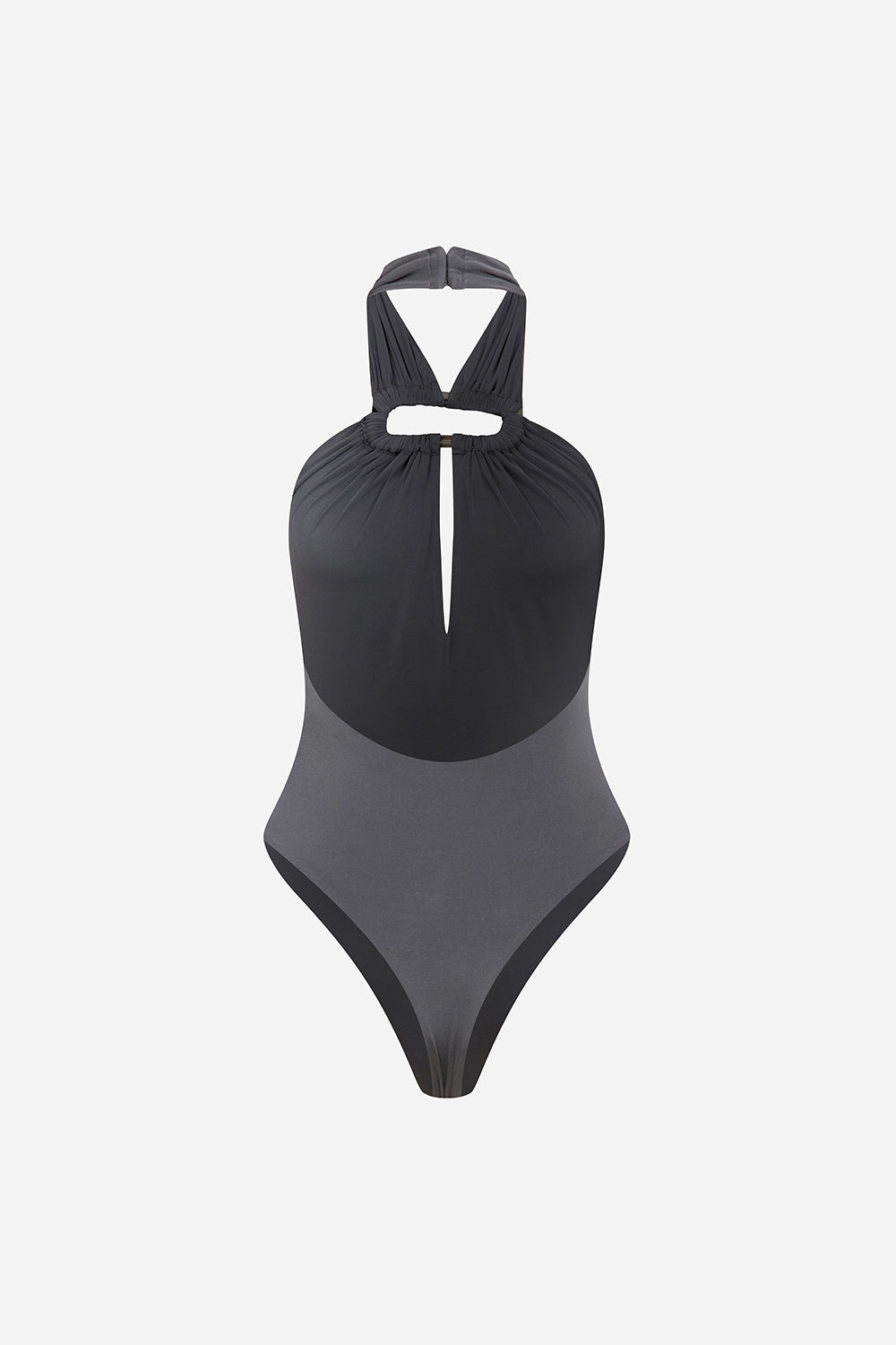Leya-Accessory-Detail Open-Back Jersey Bodysuit in Grey