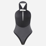 Leya-Accessory-Detail Open-Back Jersey Bodysuit in Grey
