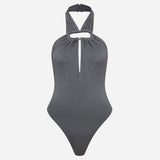 Leya-Accessory-Detail Open-Back Jersey Bodysuit in Grey