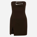 Samantha-Strapless Dress With Metal Front Detail in Brown