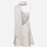 Linda-Asymmetrical Neckline Satin Mini Dress With Scarf Detail in Silver
