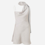 Linda-Asymmetrical Neckline Satin Mini Dress With Scarf Detail in Silver