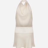 Elsa-Draped High-Neck Satin Mini Dress With Hand-Beaded Mother-Of-Pearl Belt