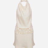 Elsa-Draped High-Neck Satin Mini Dress With Hand-Beaded Mother-Of-Pearl Belt