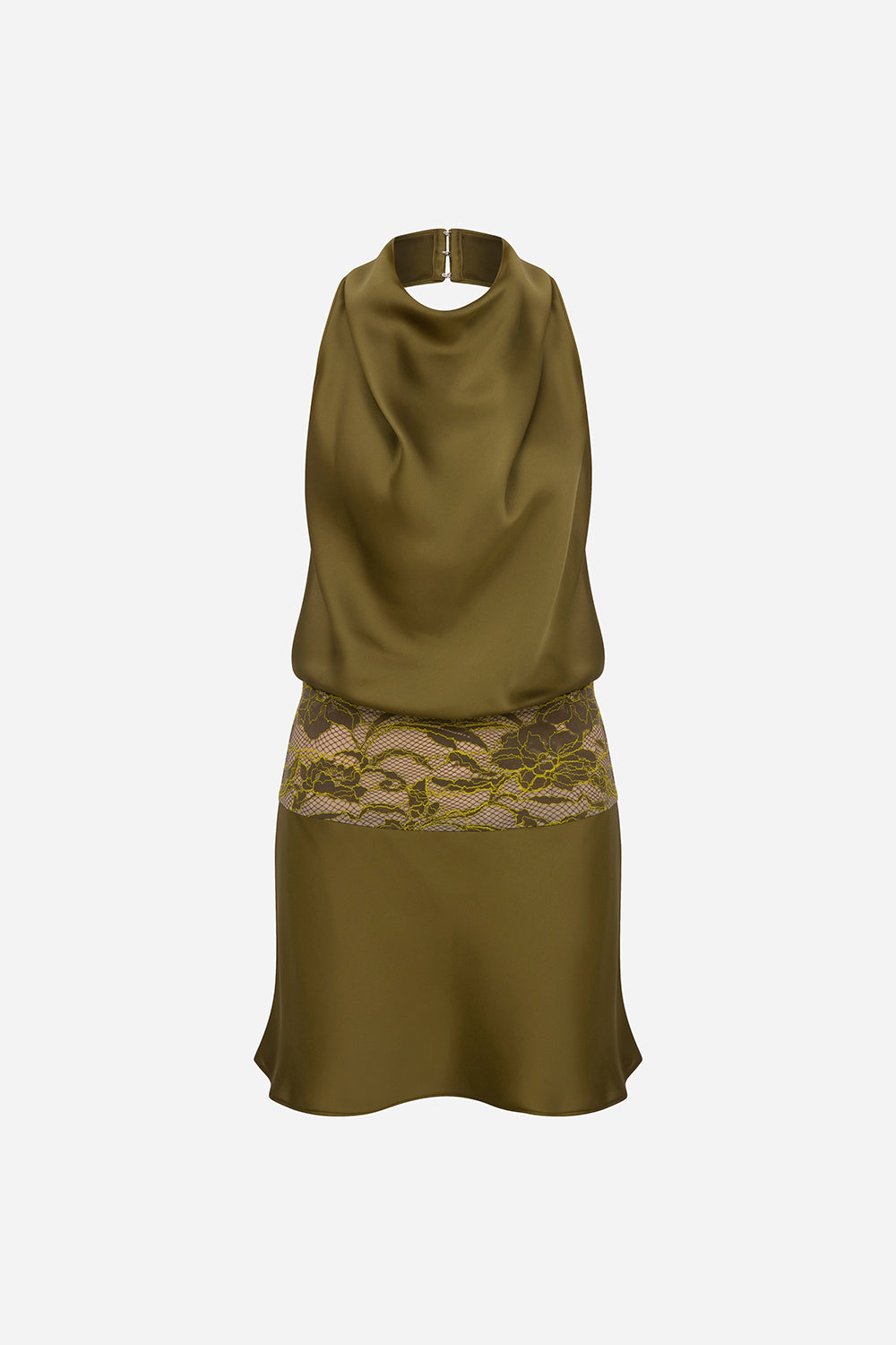 Alessia-Draped-High-Neck Satin Mini Dress