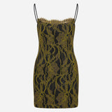 Jessica-Strappy Mini Denim Dress With Lace Overlay