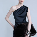 Kia - One Shoulder Drapped Detailed Blouse in Black