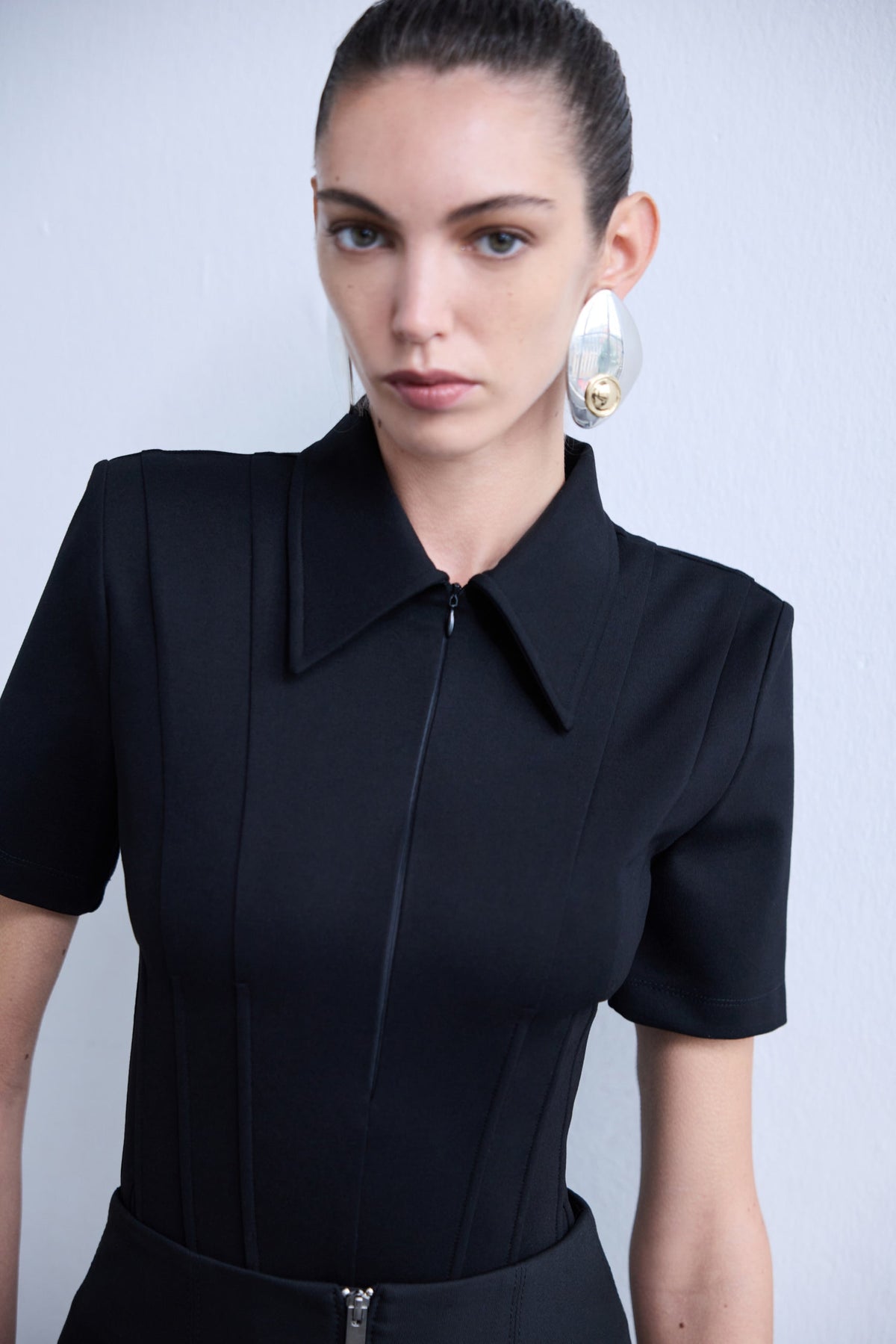 Kate-Polo Neck Corset Detailed T-Shirt in Black