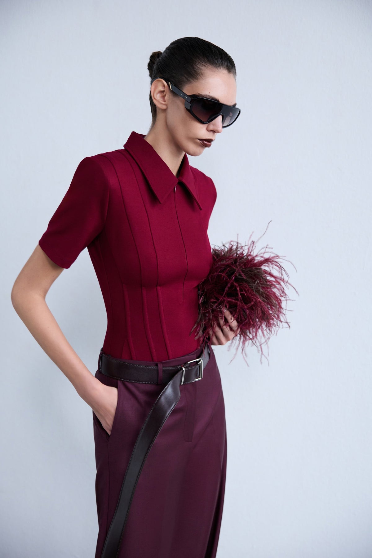 Kate-Polo Neck Corset Detailed T-Shirt in Burgundy